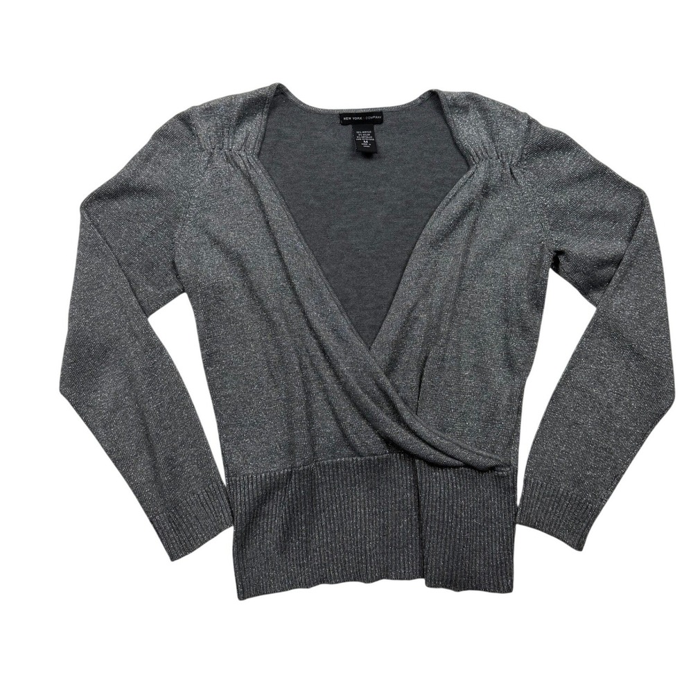New York & Company Silver Metallic Surplice Wrap Sweater Top Medium